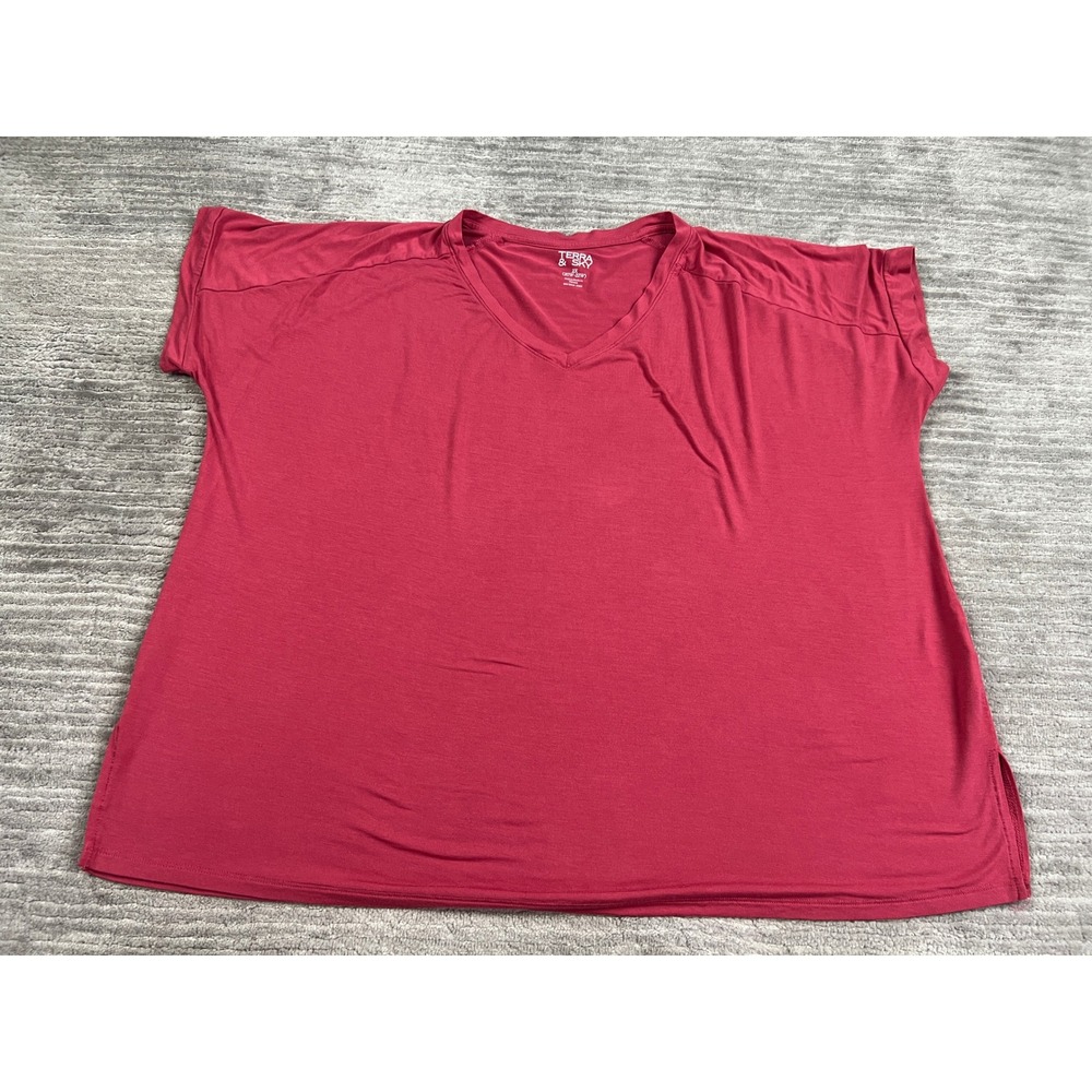 Terra & Sky T-Shirt Womens 2X Red V-Neck Short Sleeve Modal Blend Relaxed Fit